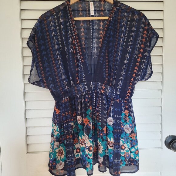 Xhilaration Women's Sheer Blouse Medium Navy BLUE Deep V-Neckline Tie Waist EUC - Picture 1 of 6